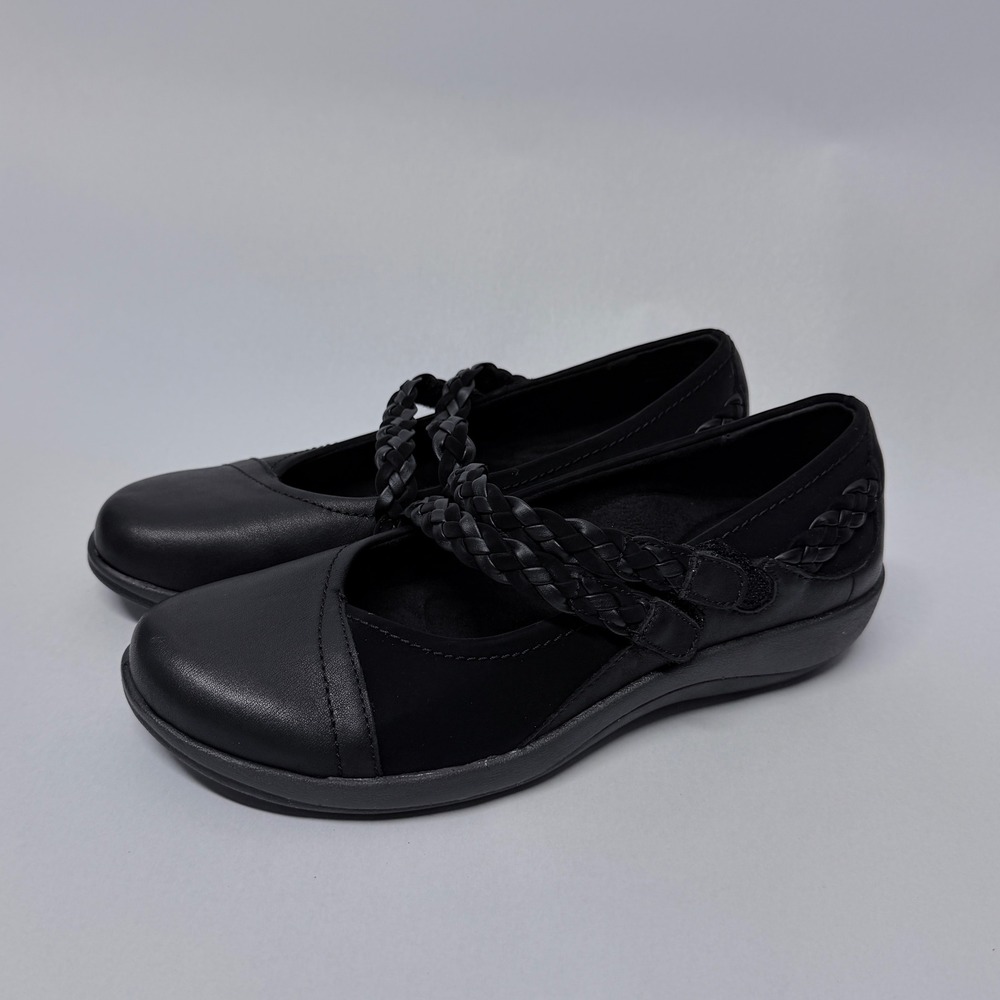 Aetrex Annie Black Leather Braided Mary Jane Flats Womens 7.5-8